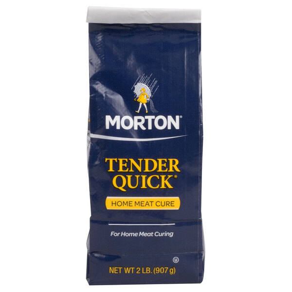 A blue bag of Morton Tender Quick Meat Cure with yellow text.