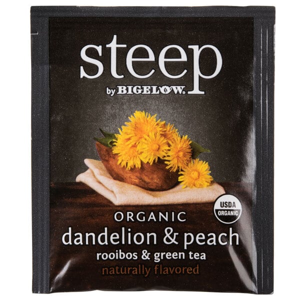 A package of Steep By Bigelow organic dandelion and peach tea bags on a table.