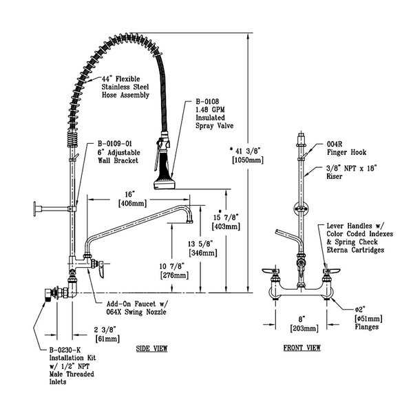 A diagram of a T&S EasyInstall wall mounted pre-rinse faucet with an add-on faucet and hose.