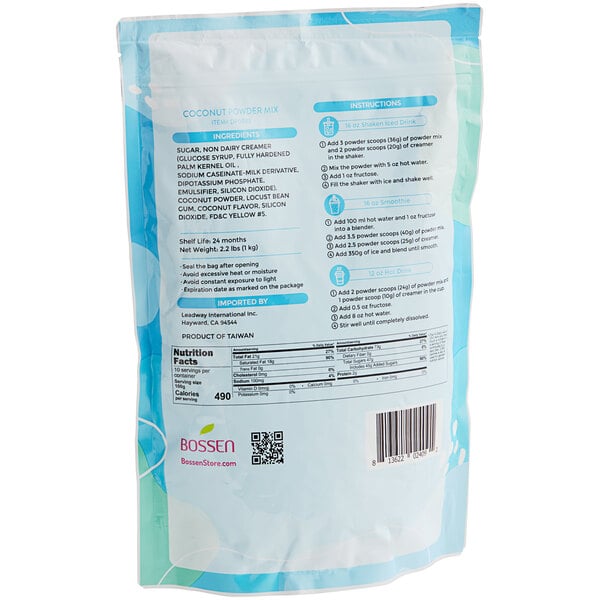 A close up of a white bag of Bossen Coconut Powder Mix.