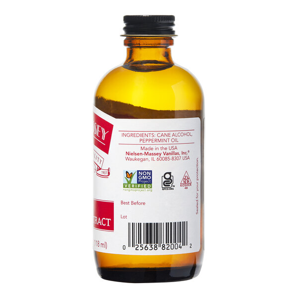 A close-up of a Nielsen-Massey Pure Peppermint Extract bottle with a label.
