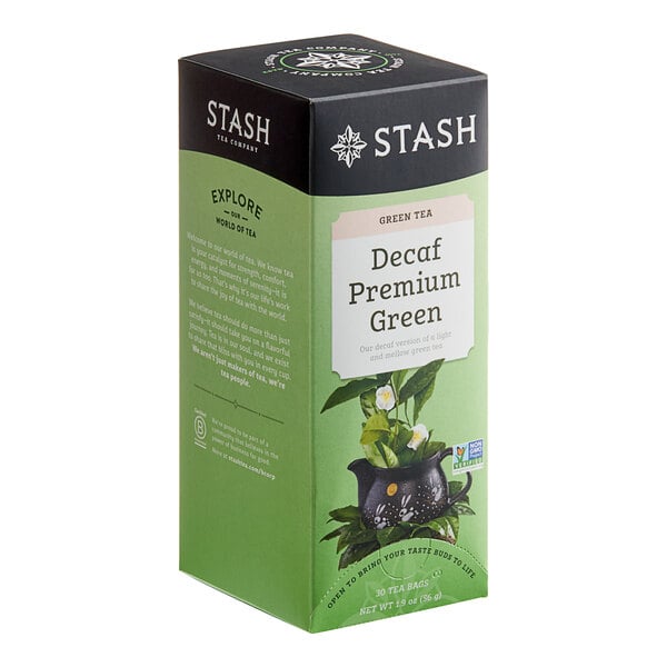 A box of Stash Decaf Premium Green Tea Bags on a white background.
