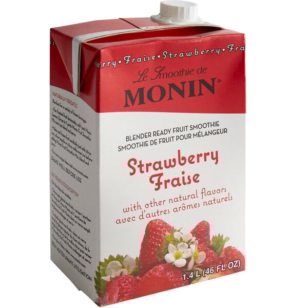A carton of Monin Strawberry Fruit Smoothie Mix with a white label.