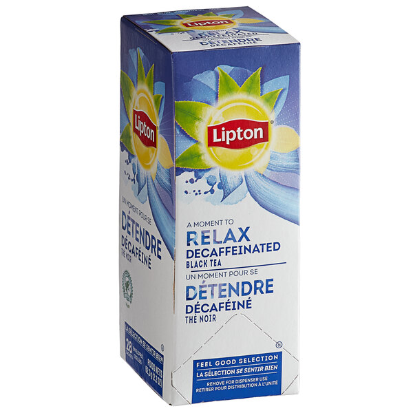A box of Lipton Decaffeinated Black Tea Bags with the Lipton logo.