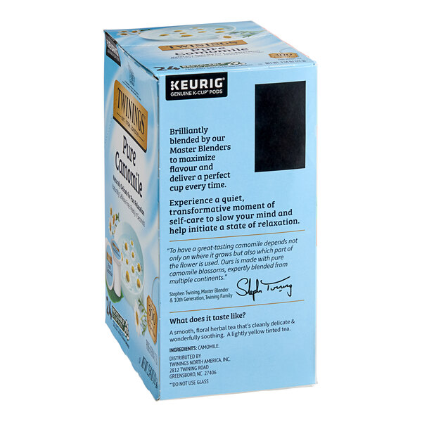 A blue and white carton of Twinings Pure Chamomile Herbal Tea K-Cup Pods.