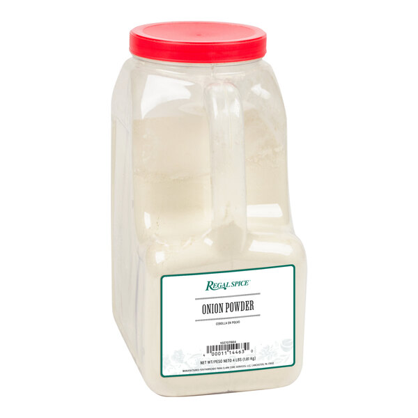A clear plastic container of white Regal Onion Powder with a red lid.