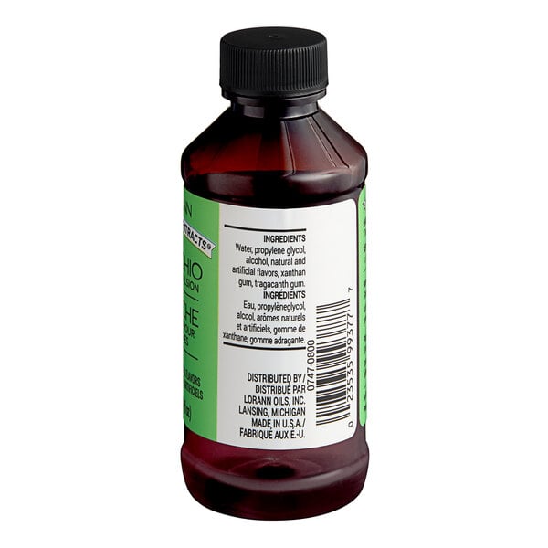 A 4 fl. oz. bottle of LorAnn Oils Pistachio Bakery Emulsion.