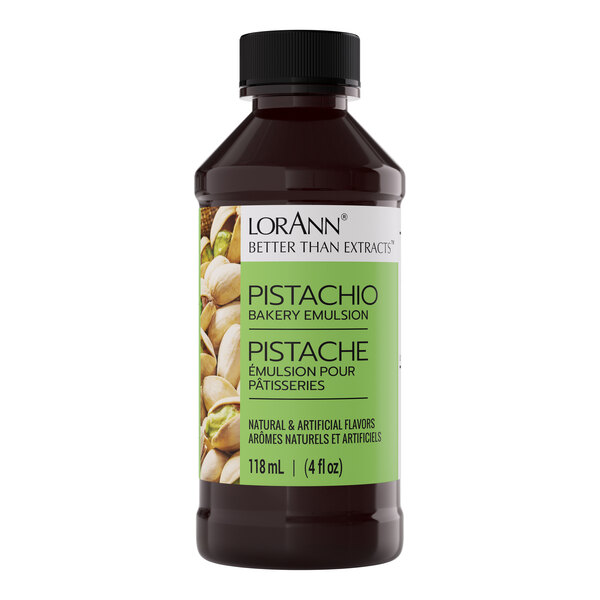 A 4 fl. oz. bottle of LorAnn Oils Pistachio Bakery Emulsion.