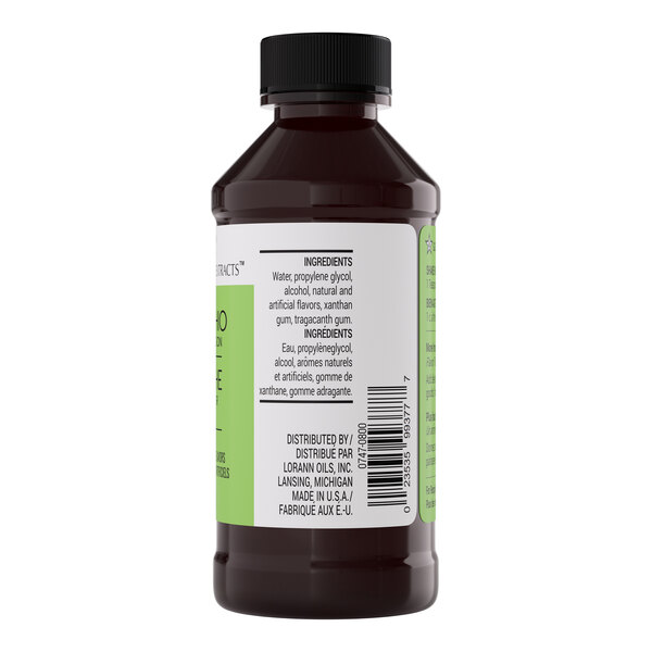 A brown plastic bottle of LorAnn Oils Pistachio Bakery Emulsion, 4 fl. oz. size.