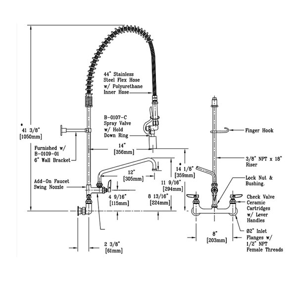 T S B 0133 12 Cr Easyinstall Wall Mounted 41 1 2 High Pre Rinse Faucet With Adjustable 8 Centers Low Flow Spray Valve 44 Hose 12 Add On Faucet And 6 Wall Bracket