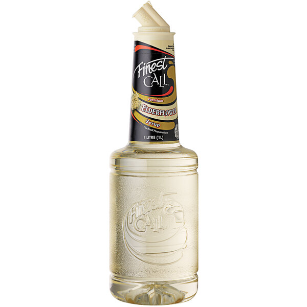 A bottle of Finest Call Premium Elderflower Syrup with a label.