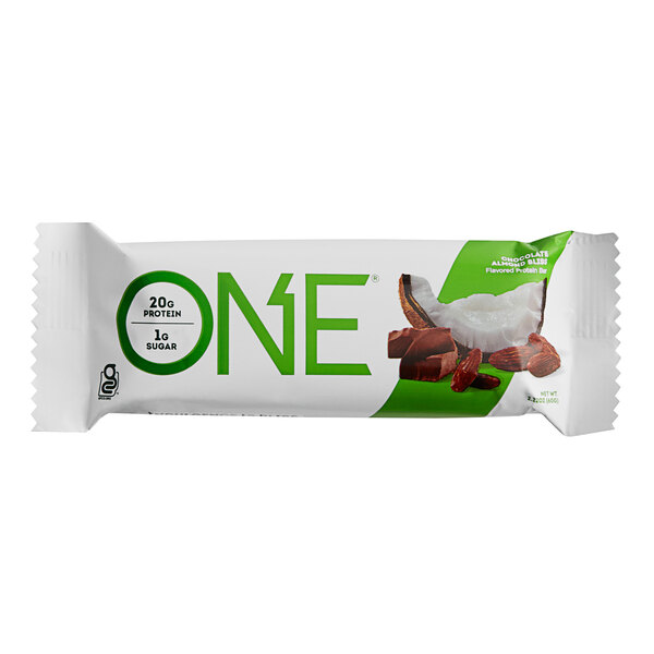 A ONE Chocolate Almond Bliss protein bar with coconut and chocolate on the package.