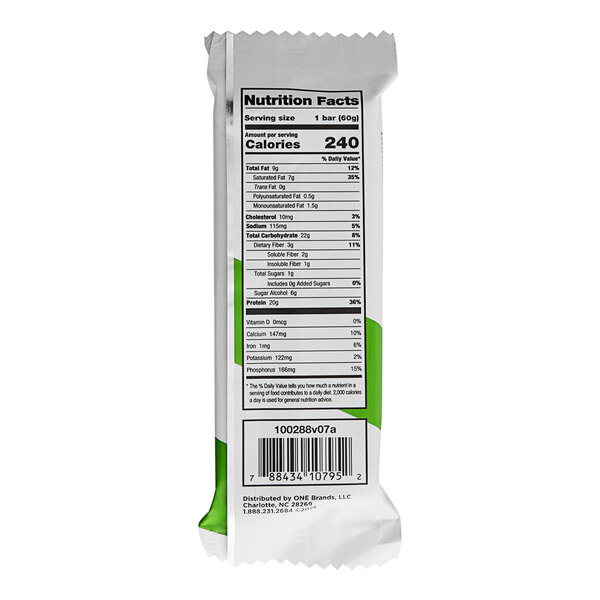 A close-up of a white and green ONE Chocolate Almond Bliss protein bar package.
