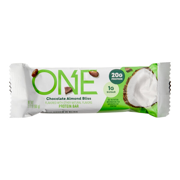 A ONE Chocolate Almond Bliss protein bar in a white and green wrapper.