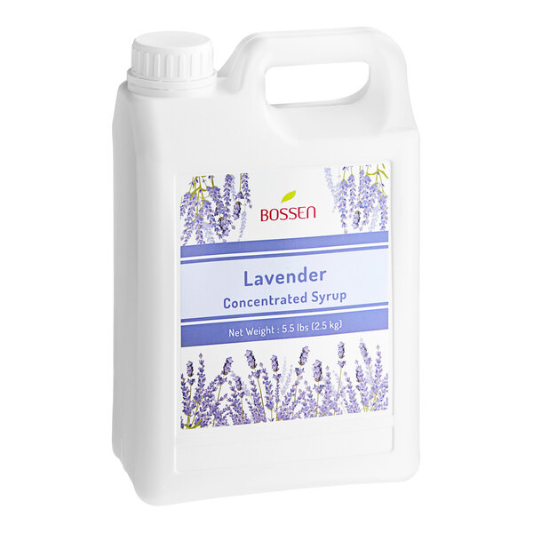 A white jug of Bossen lavender syrup with a white label and purple flowers on it.