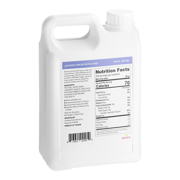 A white Bossen container of Lavender Concentrated Syrup with a label.