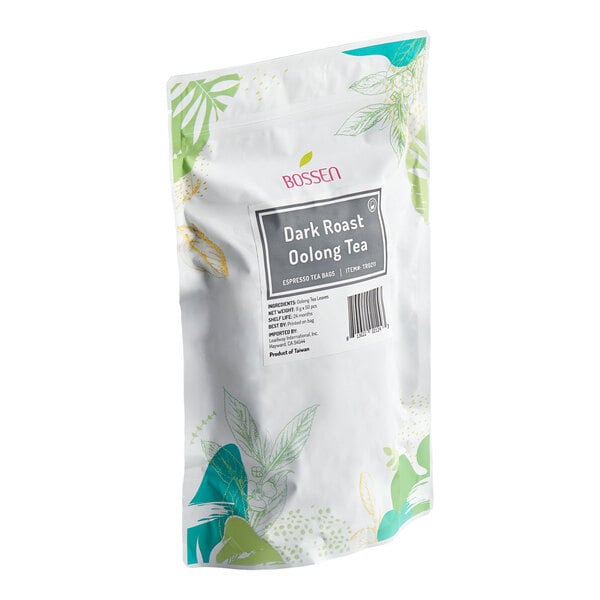 A standing pouch with a resealable top, labeled 'Bossen Dark Roast Oolong Tea,' featuring green and yellow leaf illustrations on a white background.
