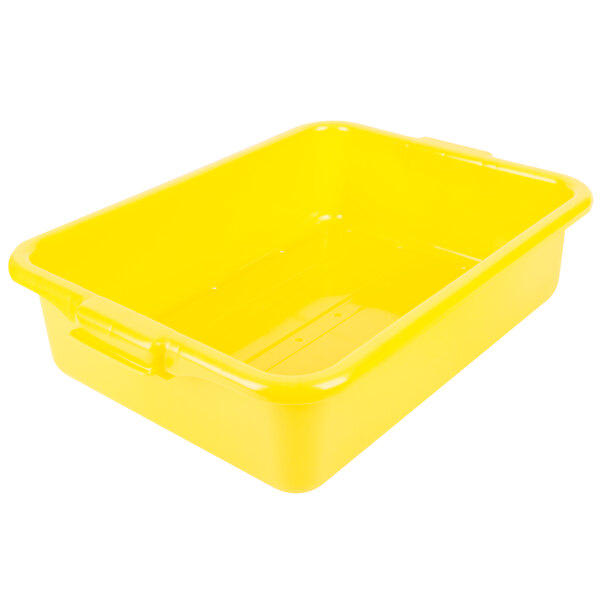 A yellow plastic Vollrath food storage container with a lid.