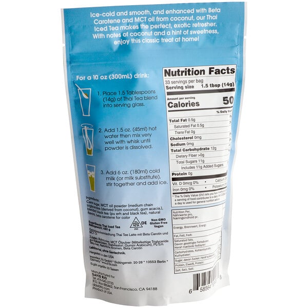 A blue and white David Rio Tea Frost Thai Iced Tea Mix bag with text and a label.