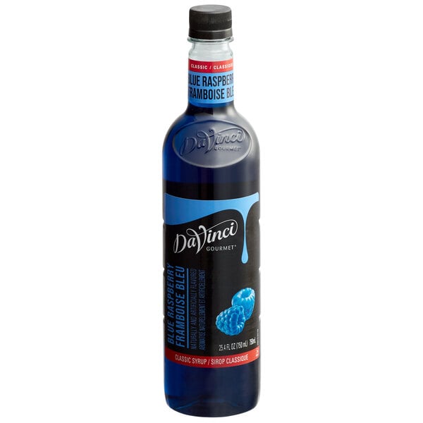 A close up of a blue DaVinci Gourmet Blue Raspberry syrup bottle with a black label.