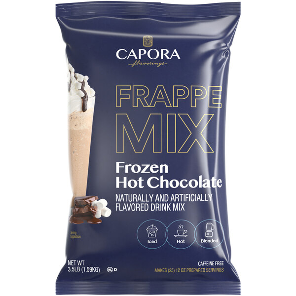 A blue Capora bag of hot chocolate frappe mix.