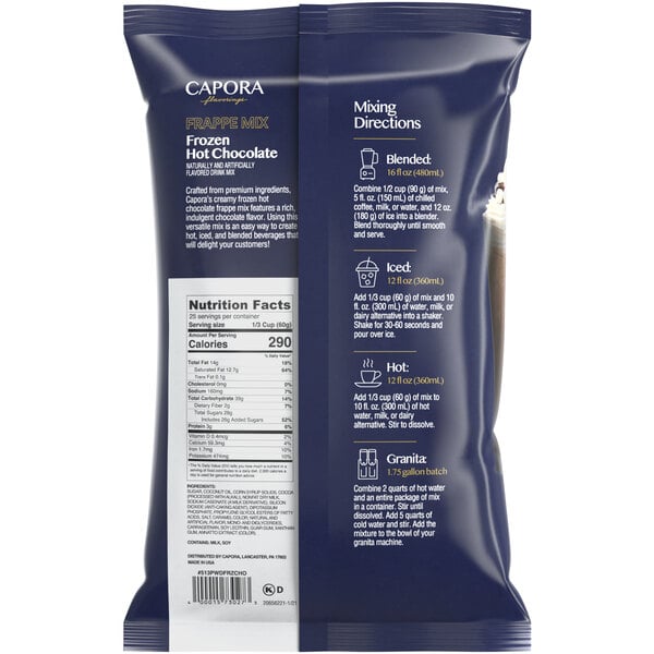A white bag of Capora Frozen Hot Chocolate Frappe Mix with a label.