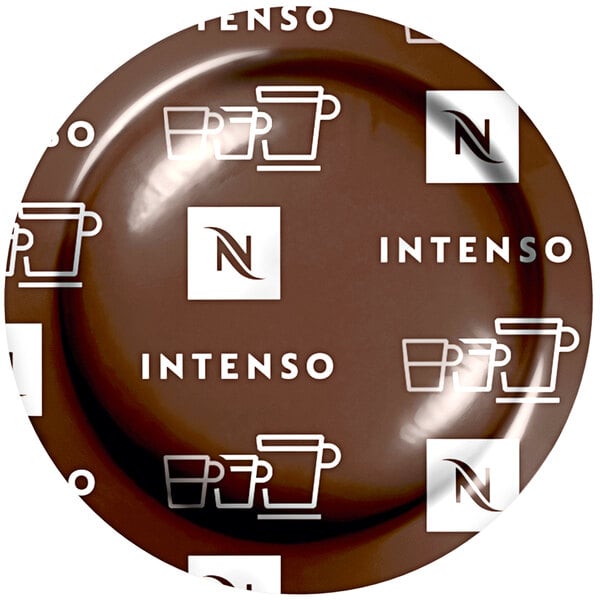 A brown plate of Nespresso Professional Intenso coffee pods on a table with white and black logos.