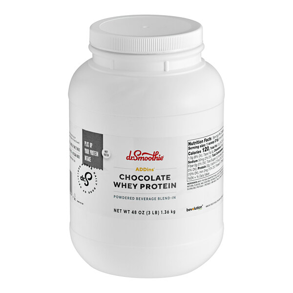 A white plastic container of Dr. Smoothie Chocolate Whey Protein Supplement Powder with a white label.