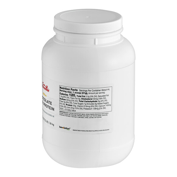 A white plastic container of Dr. Smoothie Chocolate Whey Protein Supplement powder with a label.