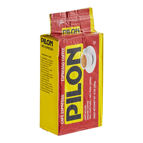 A yellow and red package of Pilon Espresso Ground Coffee.