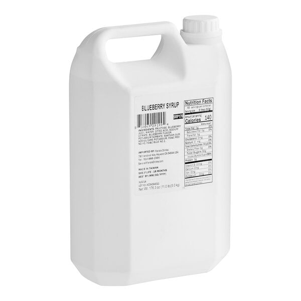 A white plastic jug of Fanale Blueberry Concentrated Syrup with a label.