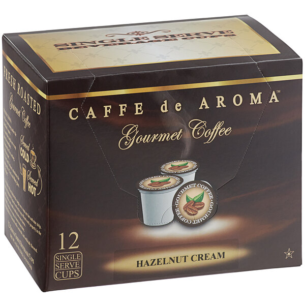 A white box of 12 Caffe de Aroma Hazelnut Cream coffee single serve cups.
