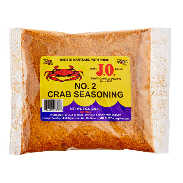 A bag of J.O. No. 2 Crab Seasoning with a label.