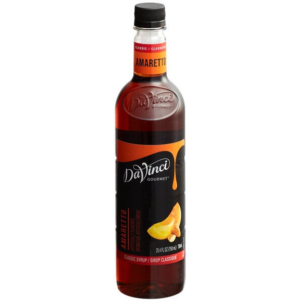 A DaVinci Gourmet Classic Amaretto Flavoring Syrup bottle with a label.
