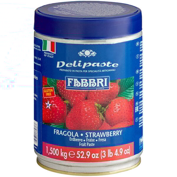 A blue and white can of Fabbri Delipaste Strawberry Flavoring with a picture of strawberries on the label.