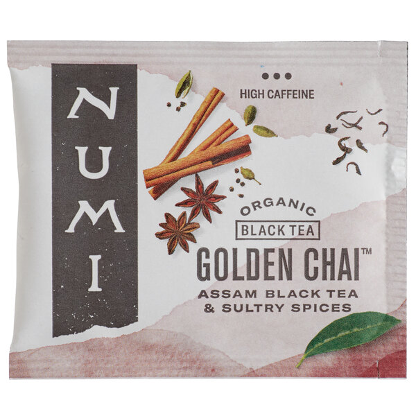 A Numi Organic Golden Chai Tea bag packet.