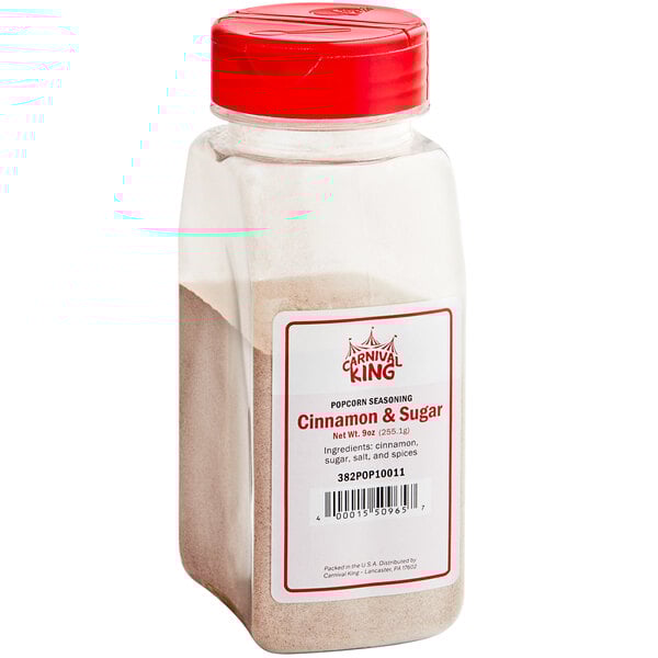 A container of Carnival King Cinnamon Sugar Popcorn Seasoning.