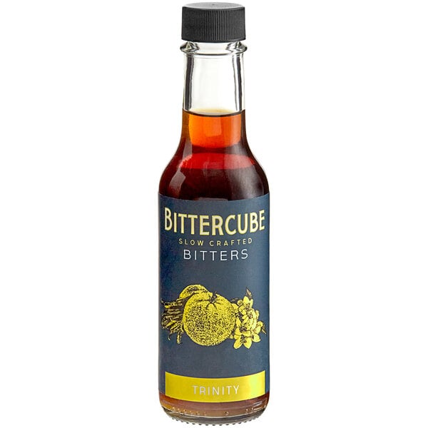A close up of a Bittercube Trinity Bitters bottle.