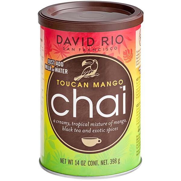 A case of 6 canisters of David Rio Toucan Mango Chai Tea Latte Mix with a bird on the label.