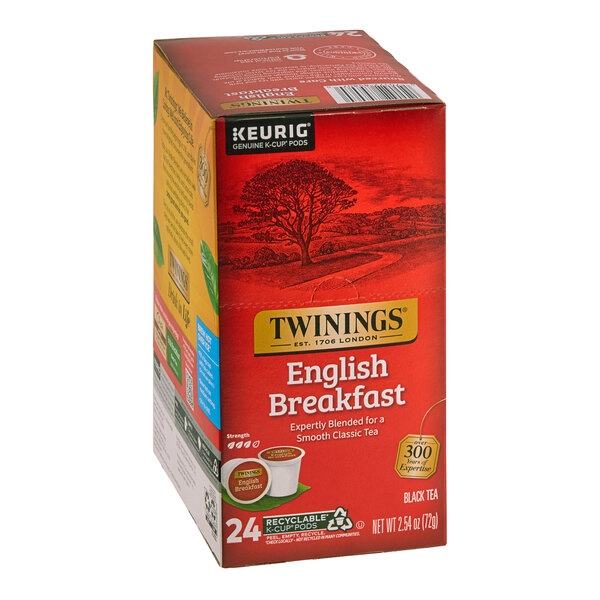 A box of 96 Twinings English Breakfast Tea K-Cup Pods with a picture of a tree on a white background.