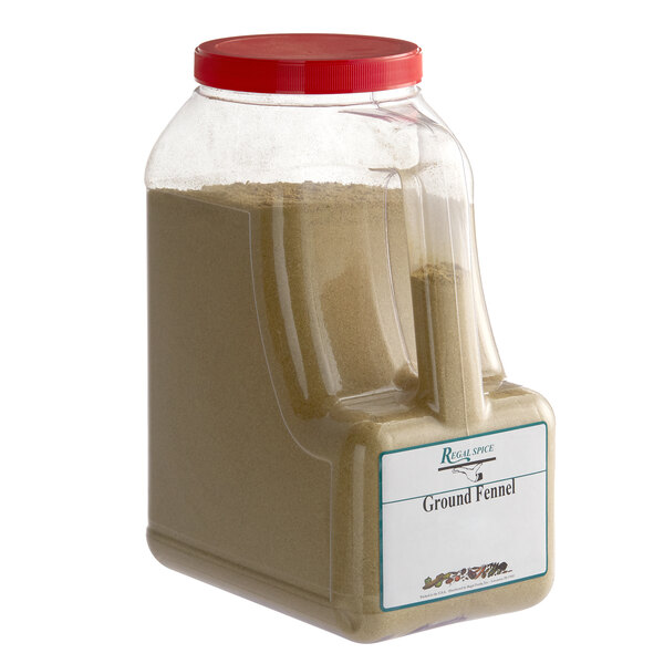 A white container of Regal Ground Fennel Seed with a red label.