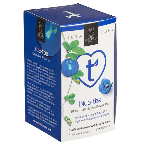 A box of Wild Hibiscus Blue-Tee Butterfly Pea Flower Herbal Tea Bags with a blue and white logo and text.