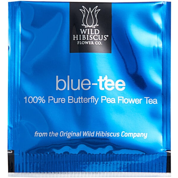 A blue package of Wild Hibiscus Butterfly Pea Flower Tea with white text and a white flower drawing.