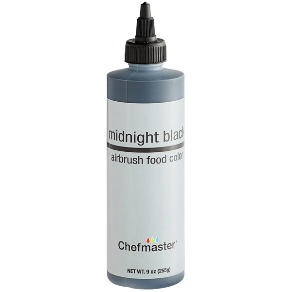 A Chefmaster midnight black airbrush color bottle with a black cap.