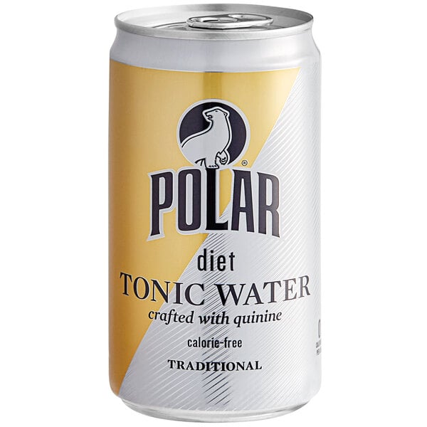 A case of 24 Polar Diet Tonic Water cans with white and yellow labels.