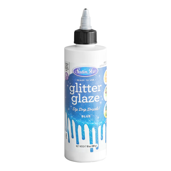 A bottle of Satin Ice blue vanilla glitter glaze in a 10 oz. size.