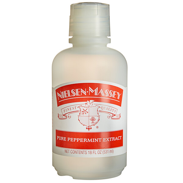 A white bottle of Nielsen-Massey Pure Peppermint Extract with a red label.