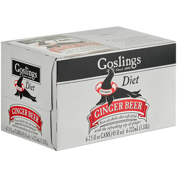 A white box of Goslings Diet Ginger Beer with red and black labels and a seal.