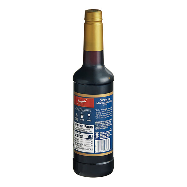 A black Torani Chocolate Macadamia Nut Flavoring Syrup bottle with a blue label and gold cap.