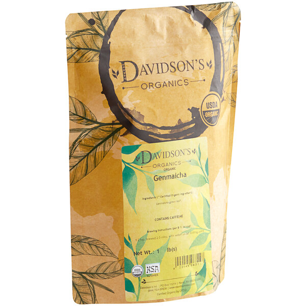 A brown bag of Davidson's Organic Genmaicha Loose Leaf Tea with a green label.